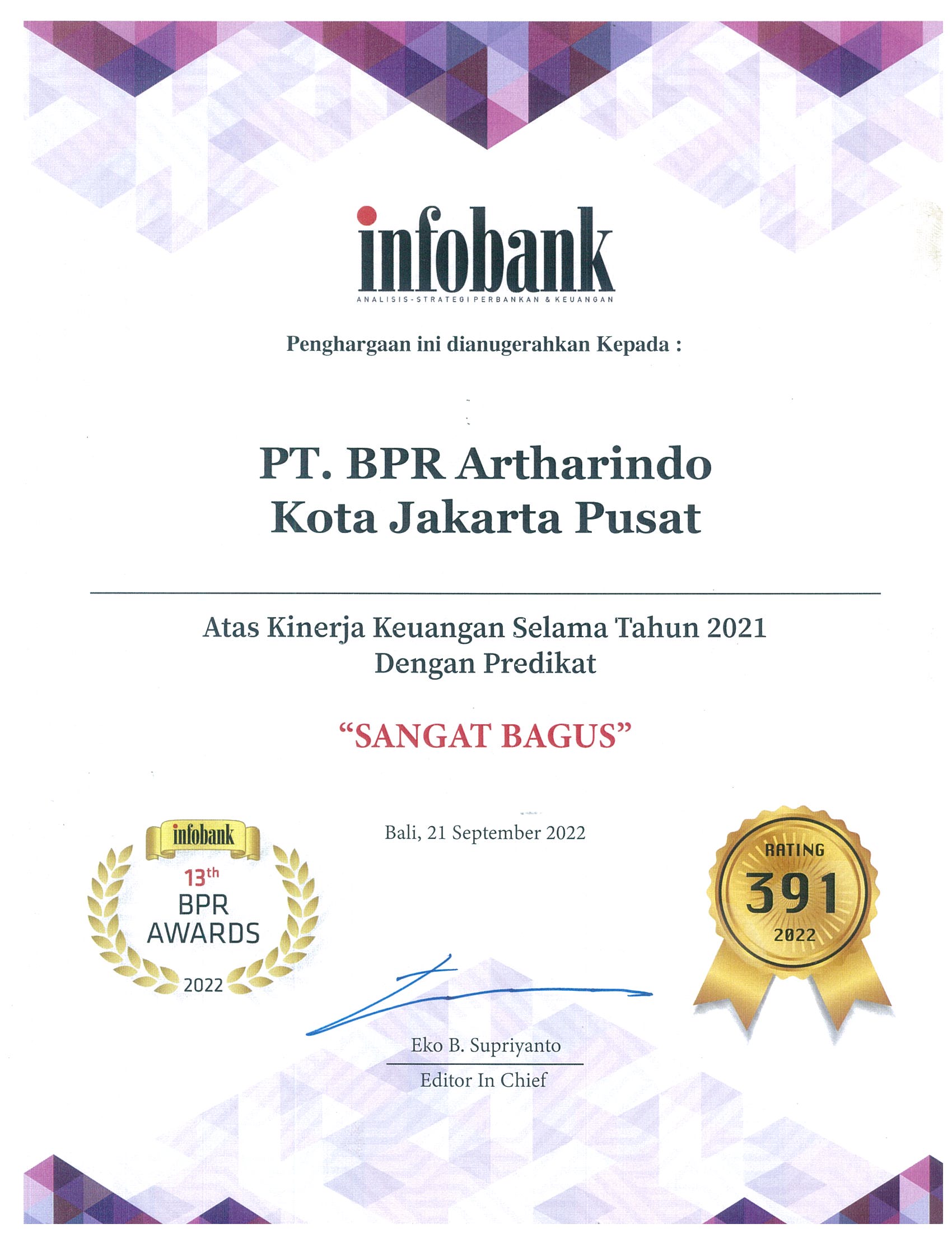 Predikat Sangat Bagus dari Infobank pada tahun 2021