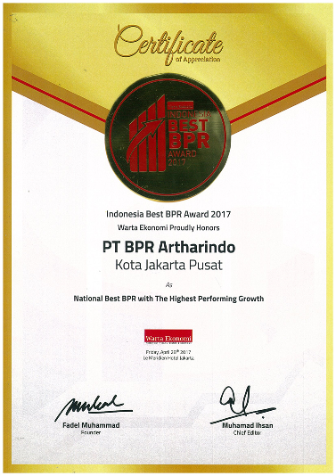 Predikat BPR Nasional Terbaik dengan perkembangan tertinggi